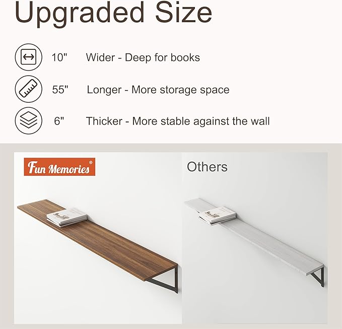 Floating Shelves 55 Inch Long, 10" Deep Floating Shelves, Walnut Wall Shelves 55 x 10, Set of 2, Wide Large Display Storage Shelves for Bathroom, Living Room, Rustic Wood Shelves with Brackets