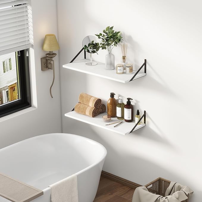 12 Inch Deep Floating Shelves, 30W x 12D Wall Shelves with Brackets, White Floating Shelves 30 Inch Long, Rustic Wood Wall Shelf, Wide Storage Display Shelf for Kitchek, Living Room, Bathroom