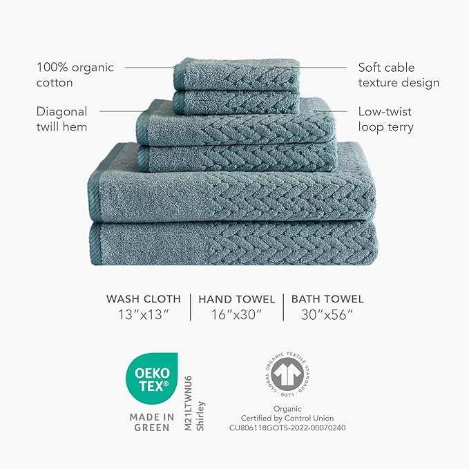 Texere 100% Organic Cotton Jacquard 650 GSM Premium Bath Towel Sets - Extra Absorbent Quick Dry and Plush (Cable, Birch, 4 Bath Towels)