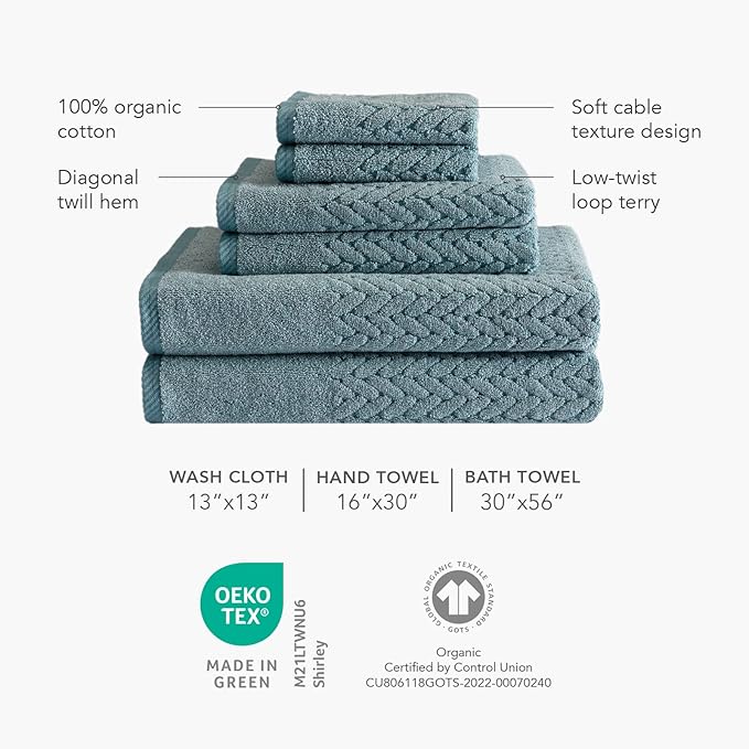 Texere 100% Organic Cotton Jacquard 650 GSM Premium Bath Towel Sets - Extra Absorbent Quick Dry and Soft (Cable, Granite, 2 Bath Towels)