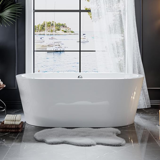 Empava Bathtub, 59" Soaking Tub, Acrylic Free Standing Tub with Center Drain and Overflow,Contemporary Design Bathtubs for Bathroom, cUPC Certified, Glossy White (Pack of 1)