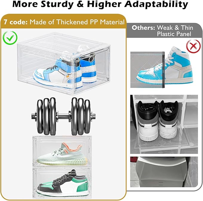 Thicken & Sturdy Clear Shoe Storage Organizer with Magnetic Door, Stackable Boxes for Closet, Foldable Space-Saving Shoe Rack for Sneaker Boot Container, Plastic Shoe Cabinet Shoe Box 6 Pack, White