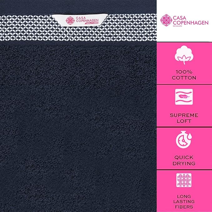 CASA COPENHAGEN Solitaire 6 Pieces Towel Set- Dark Navy, 600 GSM 2 Bath Towel 2 Hand Towel 2 Washcloth, Designed in Denmark Made of Soft Egyptian Cotton for Bathroom, Kitchen & Shower