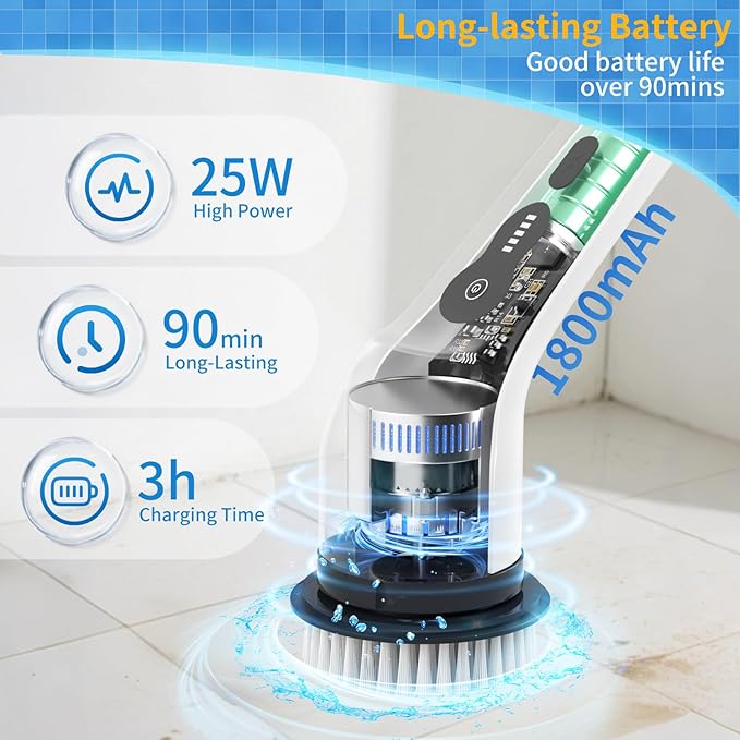 Electric Spin Scrubber, Ultimate Household Cleaning Brush with 90Min Runtime & 8 Heads & 2 Modes- 52in Electric Shower Scrubber Deep Clean for Bathroom Grout, Oven, Shower, Tile & Car, IPX6 Waterproof