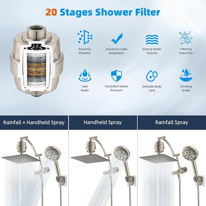 Hibbent All Metal 10'' Dual Filtered Rainfall Shower Head Combo, High Pressure Handheld Shower Head with 16'' Adjustable Extension Arm, 20 Stage Shower Filter, 10-spray, 71'' Hose, Brushed Nickel