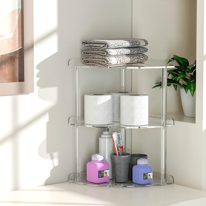 3 Tier Acrylic Corner Shelf Organizer Storage 9.5x9.5x15.7 Inch, Transparent Countertop Corner Shelf for Bathroom, Kitchen, Bedroom, Office, Study Room