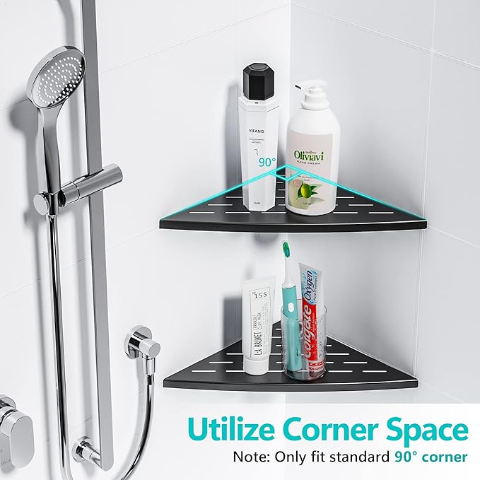 Corner Shower Shelf Matte Black, 304 Stainless Steel 11.5” Recessed Corner Shelf Bathroom for Tiled Wall, Floating Shower Shelves Shampoo Holder, No Drilling, 2 Pack