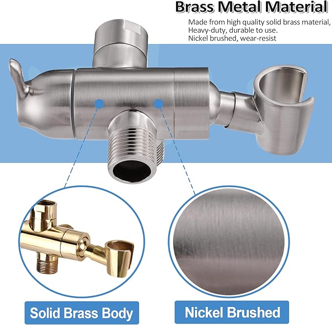 Shower Arm Diverter with Handshower Mount, G1/2 Brass Shower Diverter Valve Bathroom Universal Shower System Replacement for Handheld Shower and Fixed Shower Head, Brushed Nickel