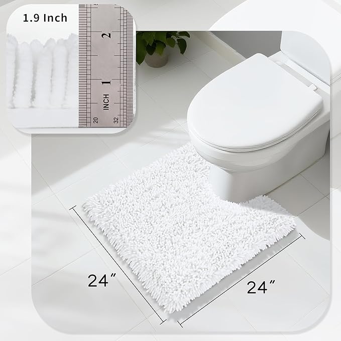 Yimobra Toilet Rugs U Shaped Washable, Extra Thick Soft Absorbent Chenille Contour Bathroom Rugs for Toilet 24x24 Inch, Quick Dry Non Slip Toilet Mat for Bath Floor, White