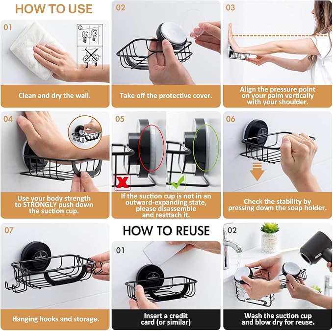 LEVERLOC Soap Holder Dish for Shower Wall, Bar Suction Cup Soap Saver Tray with Hooks, Rust Proof Draining Stainless Steel for Bathroom Bathtub Kitchen Sink & Bath Organizers, Black