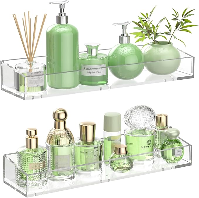 2PCS Acrylic Floating Shelves for Wall, 15" Clear Acrylic Shelves, Bathroom Shelf with Two Types of Installation, Space Saving Hanging Wall Shelf for Bathroom, Living Room, Bedroom, Kitchen