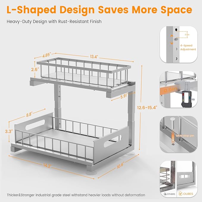 Under Sink Organizer Storage Heavy Duty Metal Slide Out Sink Shelf Organizer Height Adjustable, Multi-Purpose Storage Shelf for Kitchen Bathroom (Silver,1Pack)