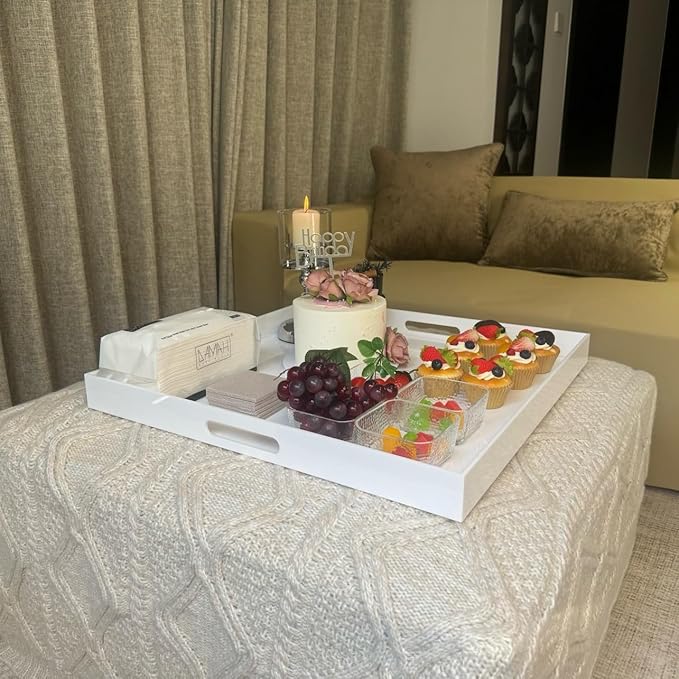 White Modern Acrylic Ottoman Tray with Cutout Handles 22x22 Inch Over-Sized Serving Tray Rubber Boot Tray Organizer Decorative Tray for Living Room, Bedroom,Bathroom and Kitchen Tabletop