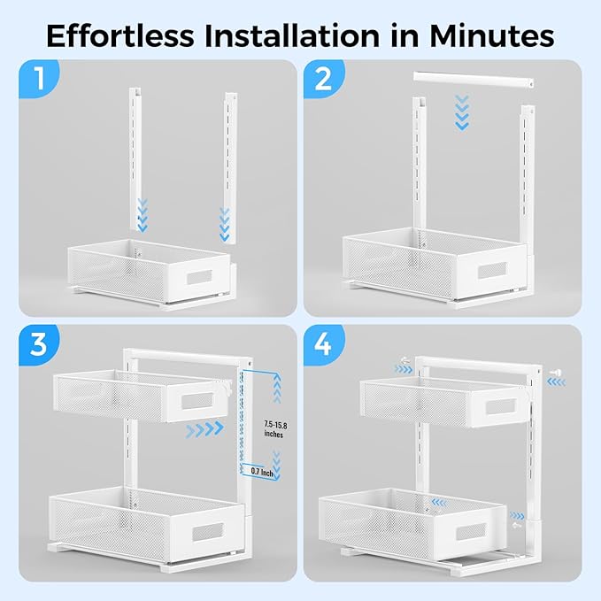 2 Pack Under Sink Organizer, Adjustable Height Under Sink Organizers and Storage, Smooth & Silent Sliding Out Metal Drawer for Kitchen Bathroom Pantry Cabinet Closet (White)