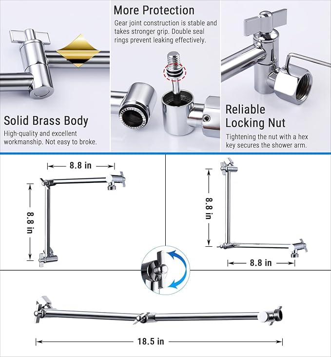 G-Promise 18 Inch Shower Head Extension Arm, Solid Brass Height & Angle Adjustable Extender, Rise or Lower Rainfall and Fixed Shower Head (Chrome)