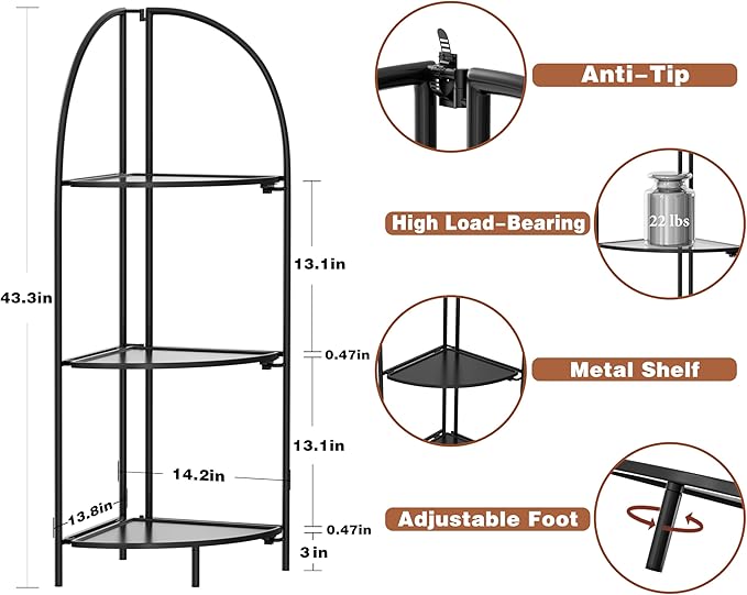Crofy Foldable 3 Tier Corner Shelf, Metal Corner Plant Stand with Black Frame and Black Shelves, Corner Display Rack Multipurpose Shelving Unit for Living Room, Bedroom, Bathroom