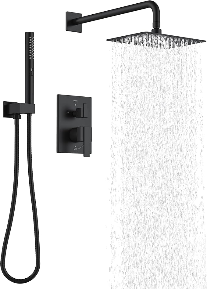 KENES Matte Black Rainfall Bathroom Shower System Rain Shower Head and Handle Set, Shower Faucet Set with 10-Inch Rain Showerhead and Handheld Spray, (Shower Valve Included), LJ-6026A-2