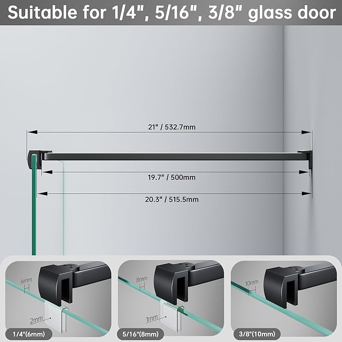 Frameless Shower Door Support Bar, Stainless Steel Wall-to-Glass Support Arm to Fixed Shower Glass Panel, for 1/4"-3/8" (6-10 mm) Door, 180° Pivot & Stow-Flat Mode (Matte Black, 19.7-inch(500mm))