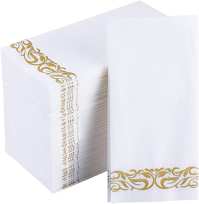 JOLLY CHEF 100 Disposable Hand Towels, Soft and Absorbent Linen Feel Dinner Napkin, Elegant Decorative Paper Guest Towels for Kitchen, Bathroom,Thanksgiving, Weddings,Parties, Gold and White