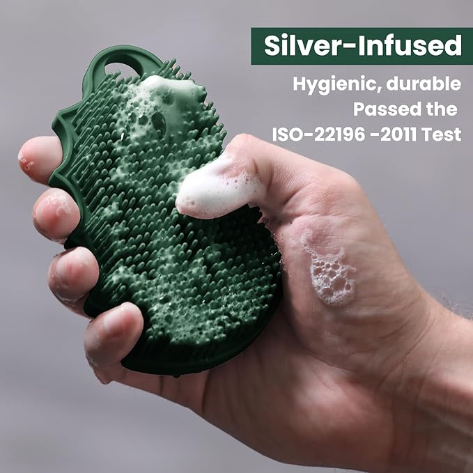 Silicone Body Scrubber Silver-Infused Dual-Sided 3-in-1 for Shower, Body Cleaning+Massage+Exfoliator Body Brush Buffer for Men and Women, Silicone Loofah, Non-Slip Handle (Midnight Green)