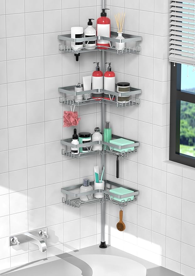 KEGII 4-Tier Corner Shower Caddy Tension Pole - Adjustable Shower Tension Rod Organizer, Floor to Ceiling Shower Caddy 25-114.2 inch, Shower Towel Rack Corner Waterproof, Light Gray