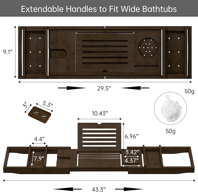 Bamboo Bathtub Tray for Luxury Bathroom, Expandable Premium Bath Tray w/Soap Towel Book Holder, Adjustable Bath Accessories for Tub,Extendable Tub Tray w/Wine Glass Cup Organizer 29.5-43.3" Espresso
