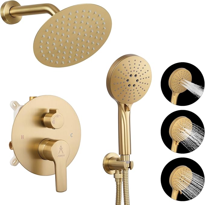 Shower Faucet Set Brass 8IN Rough-In Valve Body Trim Kit Rainfall Included Handle Accessories Complete 2 Functions with Rain Head and Handheld Bathroom Systems (8‘’, Brushed Gold)