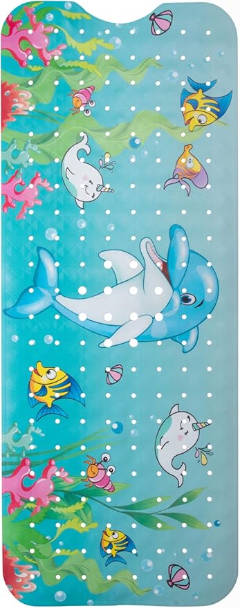 ENKOSI Bath Mat Long 40x16 – Non-Slip Bathtub Mat with Secure Suction Cups & Drain Holes with Fun Dolphin Design - Bathroom Shower Mat for Tub for Kids and Toddlers (Bath Dolphin)