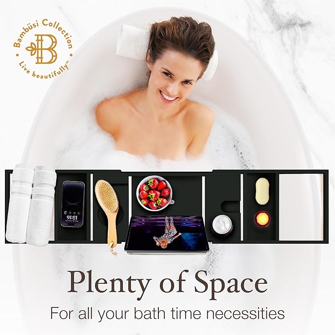 Wooden Bathtub Tray - Foldable & Expandable Bamboo Bath Tray for Tub with Wine Holder, Book & Tablet Stand - Bath Caddy Tray for Bathtub, Spa Bath Accessories, Tub Tray Table, (Black)