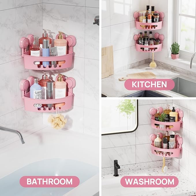 LEVERLOC Corner Shower Caddy Suction Cup, shower shelves suction cup, 2 Pack Basket Powerful Bathroom, Waterproof & Oil-proof Organizer for Kitchen, No-Drilling Removable (Pink)