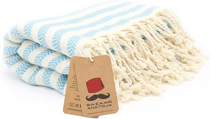 Bazaar Anatolia Turkish Beach Towel – 100% Cotton, Quick Dry, Sand Free Towel for Bathroom, Travel, Camping – Oversized 71x39 Inches – Arpa Turquoise