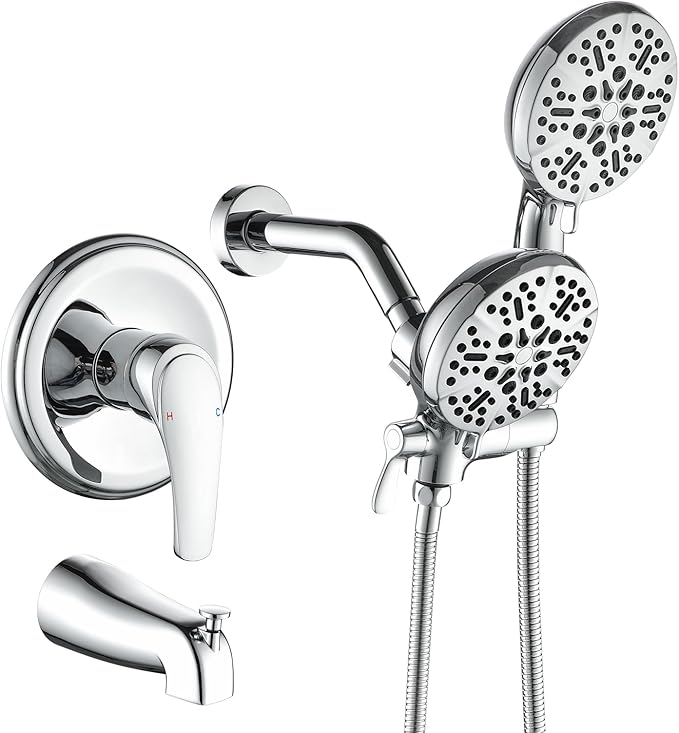 Dual Shower Faucet Set With Tub Spout - Complete Combo System With Handheld and Head - Trim Kit Chrome Polished Fixtures