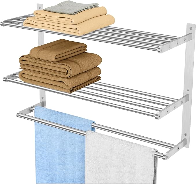 Towel Racks for Bathroom Wall 24 Inch, 3 Tier Bathroom Towel Shelf with Double Towel Bar, Stainless Steel Towel Rack with Towel Shelf, Towel Hanger Holder for Bathroom Towel Storage, Brushed Nickel