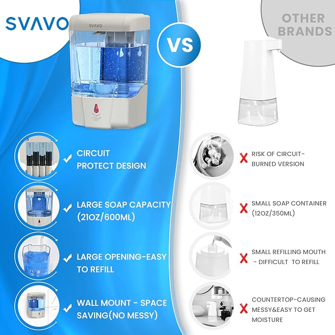 SVAVO Automatic Hand Soap Dispenser, 21 fl.oz/600ml Touchless Soap Dispenser Wall Mounted, Touch-Free Liquid soap Dispenser Sensor Soap Dispenser for Kitchen Hotel Restaurant Bathroom