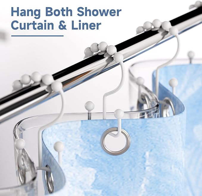 Titanker Shower Curtain Hooks Rings, Rust Resistant Metal Double Glide Shower Hooks for Bathroom Shower Rods Curtains, Set of 12 Hooks - White