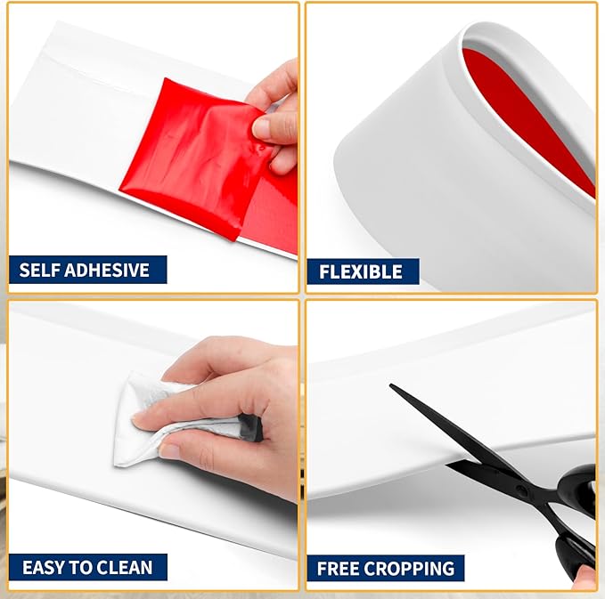 Flexible Baseboard Molding Trim 6 Inch Self-Adhesive Vinyl Wall Base Peel and Stick Cove Base Rubber Wall Baseboard Moulding Trim (40Ft, White)