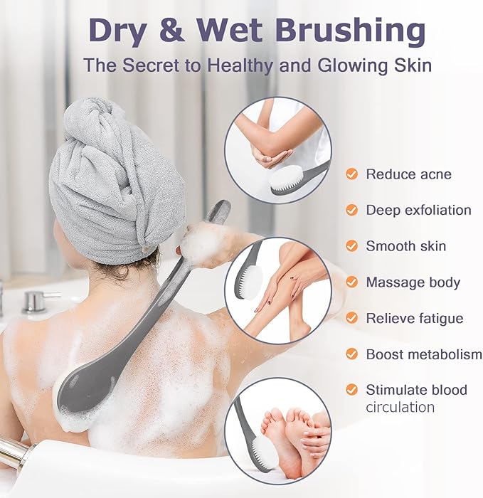 Body Back Scrubber – 17'' Long Handle Shower Brush, Durable Exfoliator for Dry & Wet Use, Deep Cleansing & Gentle Exfoliation for Smooth Skin – for Men, Women & Elderly (Gray)