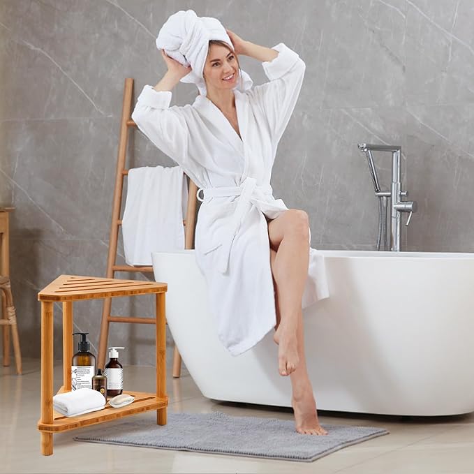Bamboo Corner Shower Stool,2-Tier Waterproof Shower Stool for Inside Shower Shaving Leg,Small Spaces,Shower Foot Rest with Storage Shelf,Shower Bench,Bath Seat,Corner Nightstand gift for women mom