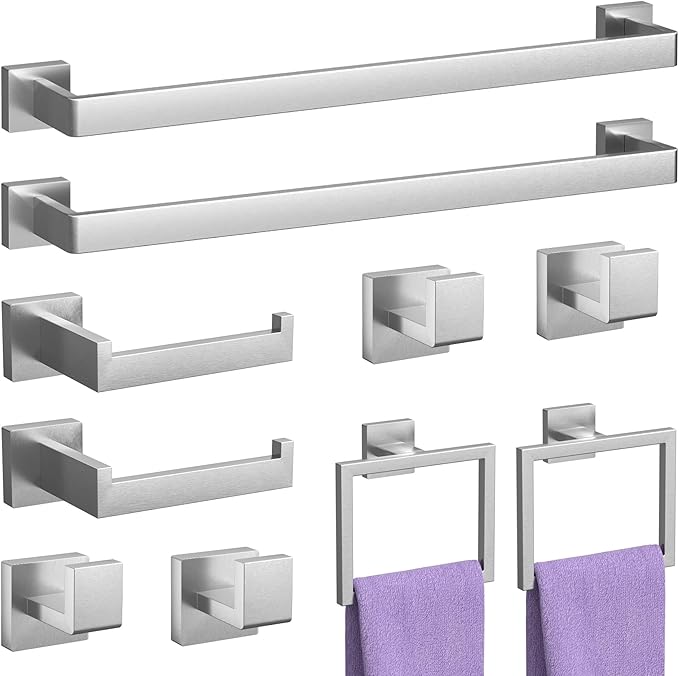 10-Pieces Brushed Nickel Bathroom Accessories Set, 23.6 Inch Bath Towel Bar Set, Stainless Steel Bathroom Hardware Set, Towel Racks for Bathroom Wall Mounted.