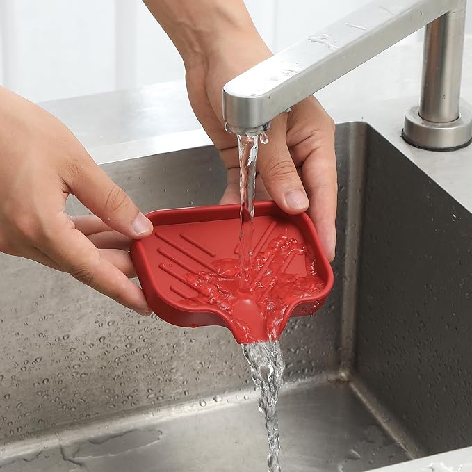 Silicone Bathroom Soap Dishes with Drain Spout-Bathroom and Kitchen Sink Organizer,Sponge Holder,Dish Soap Tray,Perfect for Dispenser,Scrubber,Bottle,Cup on Sink or Counter-Red 4.9"×3.2"