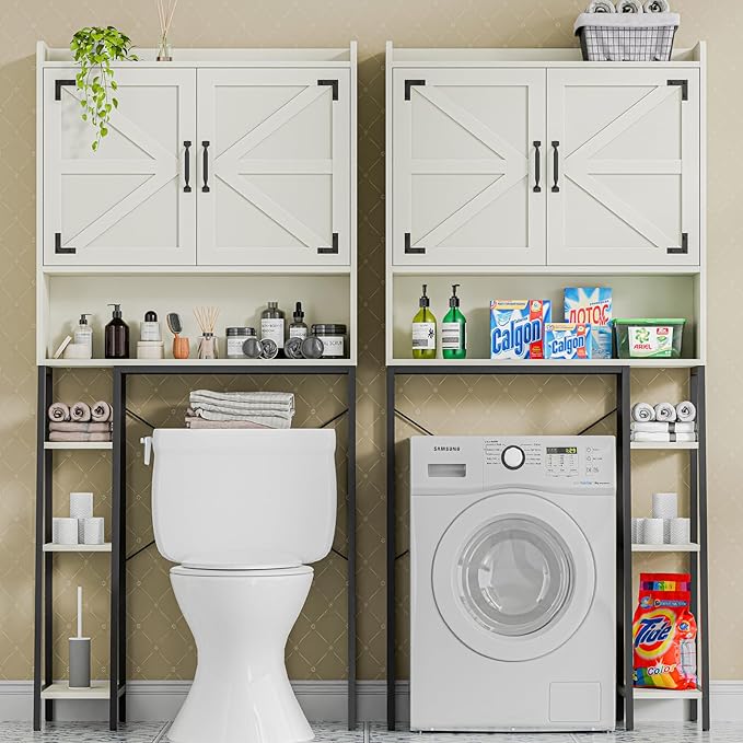Vabches Over The Toilet Storage Cabinet, Farmhouse Storage Cabinet Over Toilet with 2 Barn Door & Toilet Paper Holder Stand，Home Space-Saving Toilet Rack, for Bathroom, Restroom, Laundry