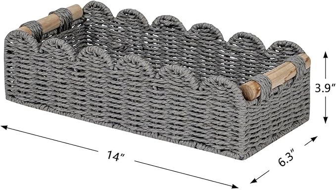 CubesLand Scalloped Decor Basket for Living Room, Home, Bathroom, 2SAME SIZE Paper Rope Basket, Toilet Storage Baskets for Over Toilet Storage Shelf, Cozy Woven Basket Both Storage&Decor, Grey