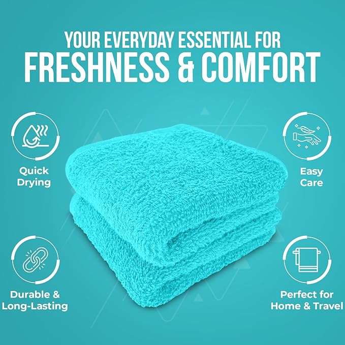 DAN RIVER 12 Pack Wash Cloths for Showering [12x12] - 100% Cotton Washcloths Premium Quality Flannel Face Cloths for Bathroom, Highly Absorbent and Soft Feel Wash Clothes, Aqua