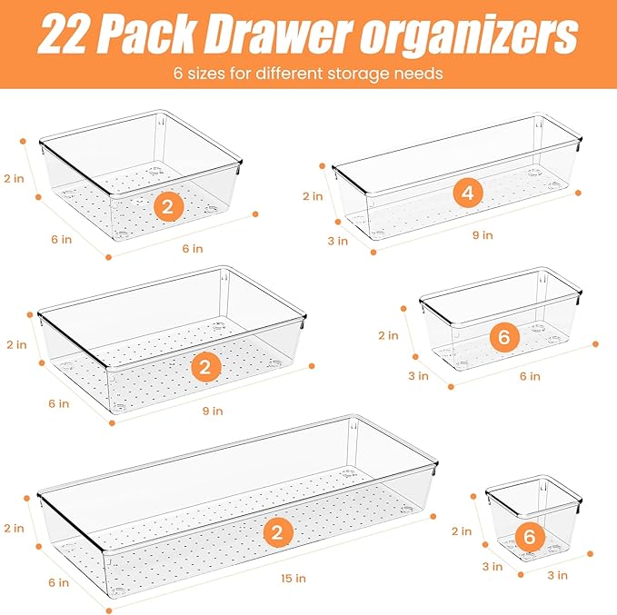 Criusia 22 Pcs Drawer Organizer Bins, Acrylic Non Slip Kitchen Drawer Organizers Storage Tray Divider, Multifunctional Storage for Cosmetics, Bathroom, Tools, Kitchen and Office