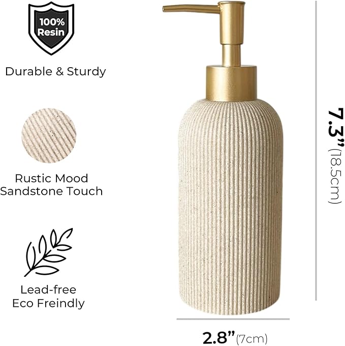 Lunestella Sand Beige Hand Soap Dispenser for Bathroom and Kitchen with Matte Gold Pump, Lotion, Dish Soap, Multiuse, Luxury Farmhouse Style, Sandstone Finish, Rust Proof, 7oz (Matte Gold)