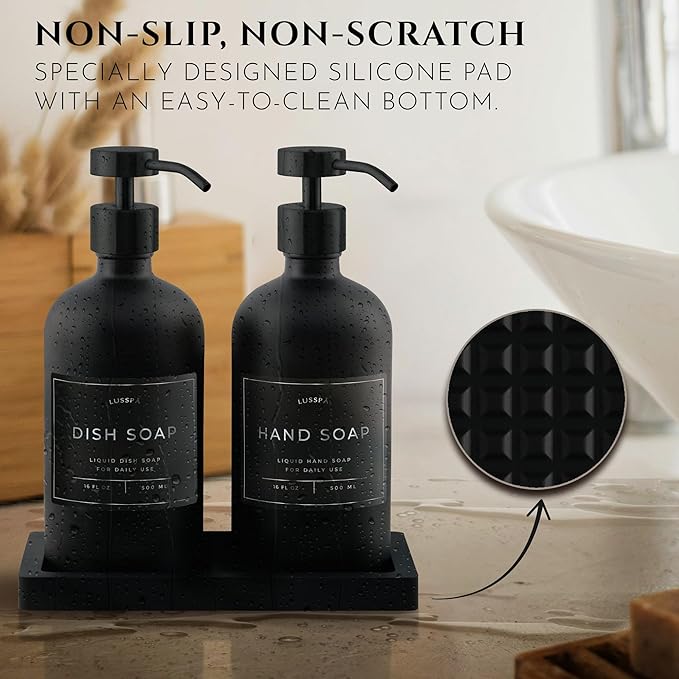 Lotion, Hand & Dish Soap Dispenser for Kitchen Sink - Bathroom Soap Dispenser Set of 2 16.8 Oz Glass Bottles with Stainless Steel Pump, 15 Water Proof Labels & Silicon Tray (Black)