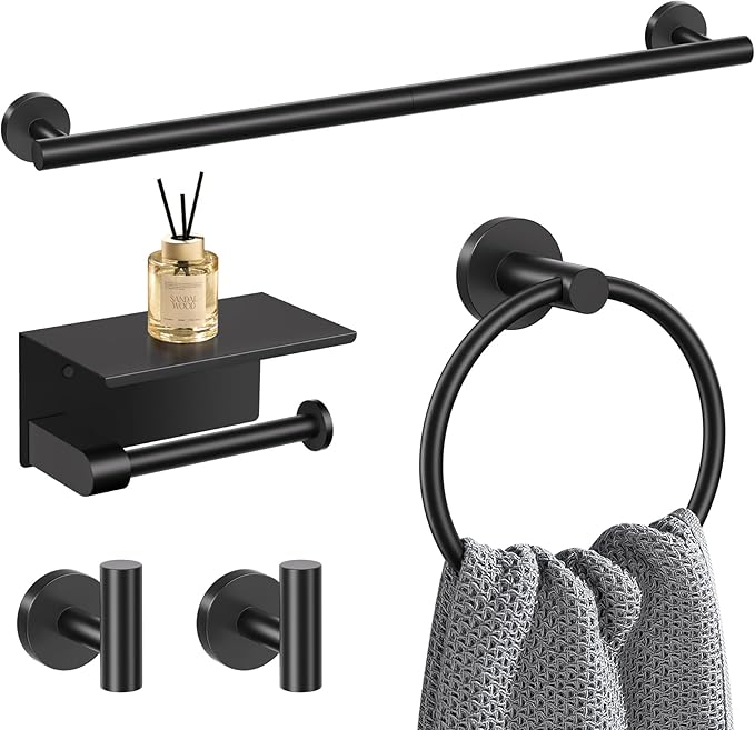 5-Piece Towel Bar Set Black Bathroom Hardware Accessories Set Upgraded Toilet Paper Holder with Shelf Towel Holder Set for Bathroom Stainless Steel Wall Mounted