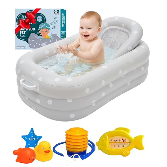Inflatable Baby Bathtub Complete Set – Portable Non-Slip Baby Bath Tub with Newborn Cushion, Floating Thermometer, 3 Bath Toys & Air Pump, Safe Bath for Boys & Girls Age 0–3 Years