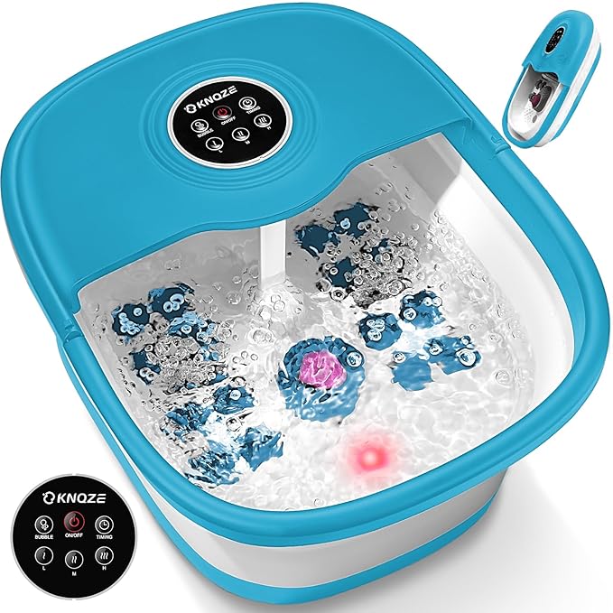KNQZE Collapsible Foot Spa with Heat, Remote Control, Temperature Control, Bubbles, Pumice Stone, Red Light, Timer, 16 Massage Roller Pedicure Foot Bath Tub Foot Soaker for Relaxation & Stress Relief