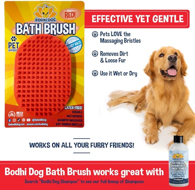 Bodhi Dog Shampoo Brush - Pet Grooming & Bath Supplies for Dogs and Cats - Bath Brush for Long & Short Hair - Premium Scrubber for Shower, Bathing & Massage (One Pack, Red)